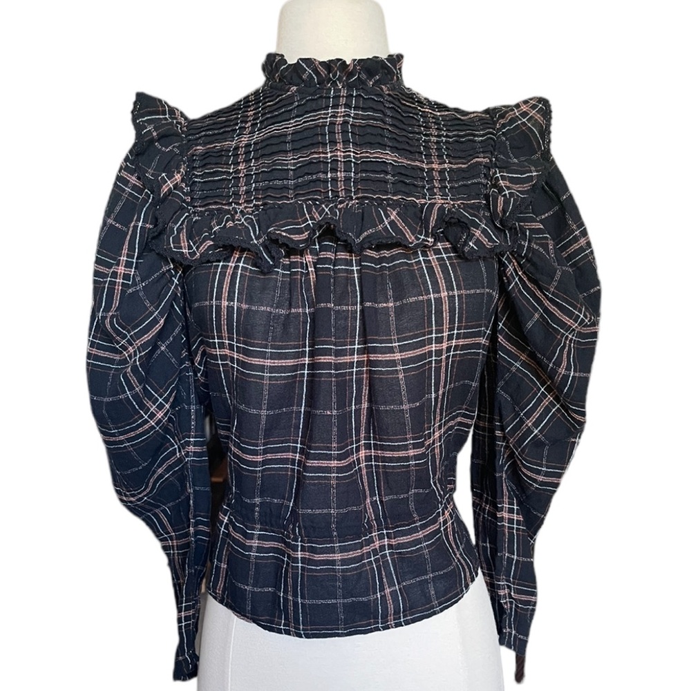 Mango Victorian Style Puff Ruffle Sleeve Plaid Black Orange Brown Blouse